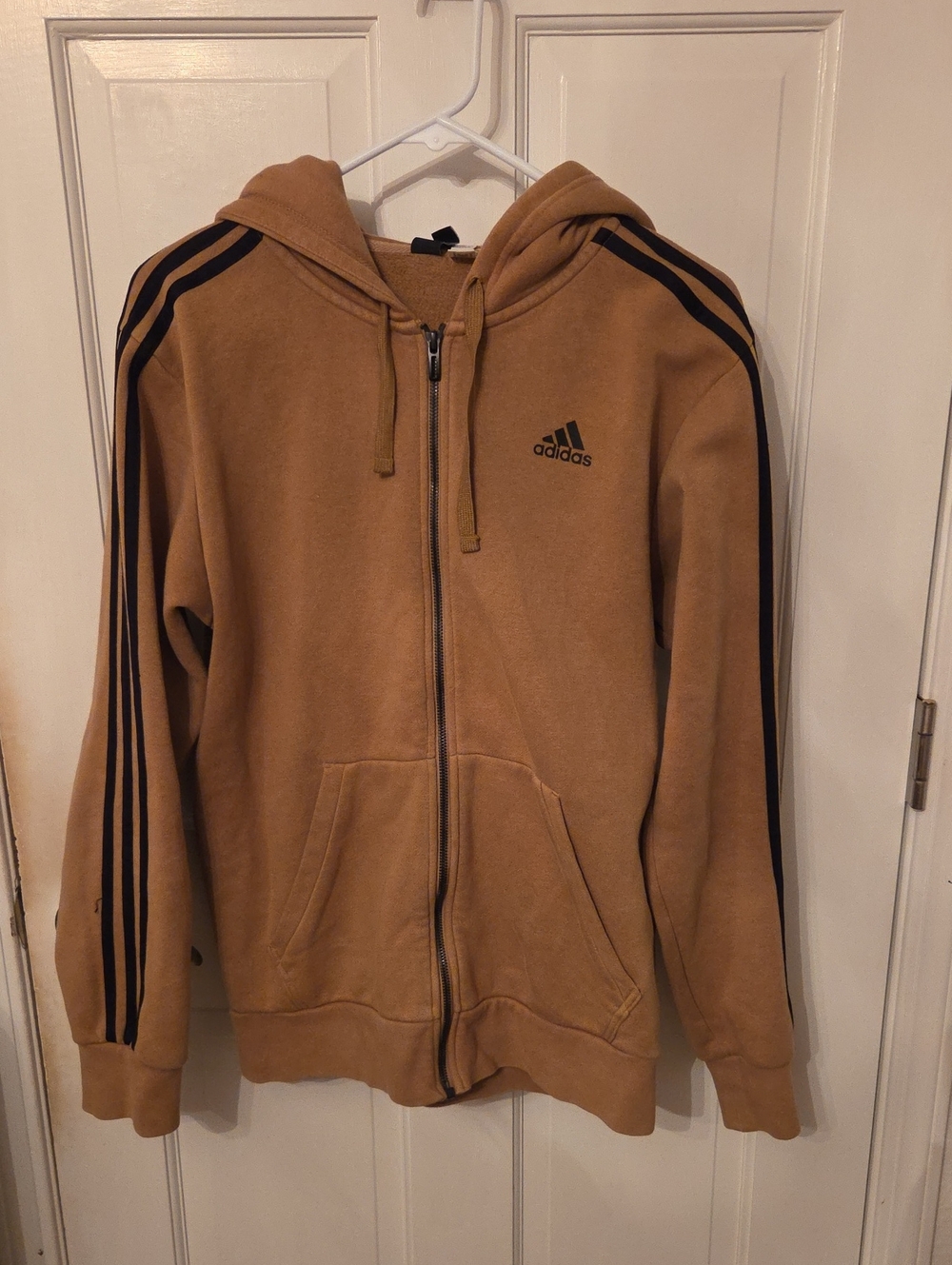 adidas Men’s Tan Zip-Up Hoodie with Black Three Stripes